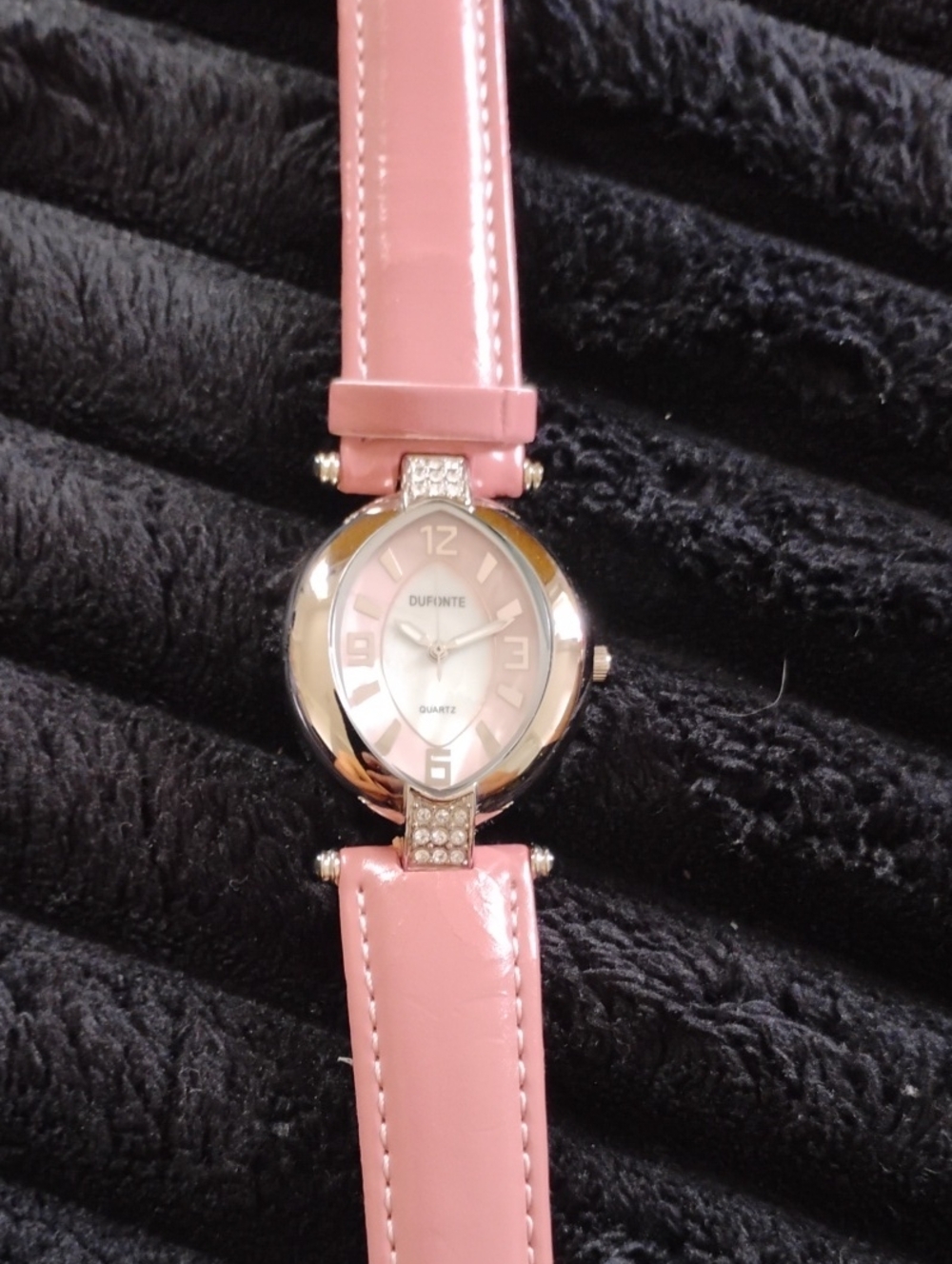 DUFONTE BY LUCIEN PICCARD OVAL CASED WITH PINK DIAL, RHINESTONES,CRYSTAL LUGS